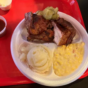 Half Chicken Plate, Quart Cream Corn, Mashed Potatoes