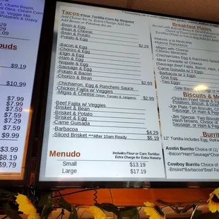 menus and prices