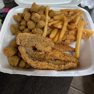 Catfish plate with Fried okra and fries.
