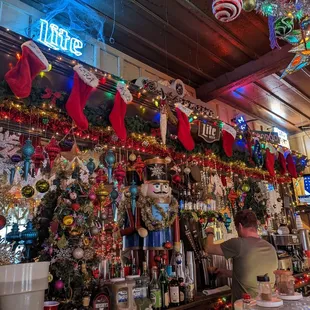 a bar with christmas decorations