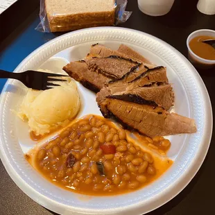Brisket plate with Mashed potatoes &amp; Baked Beans.