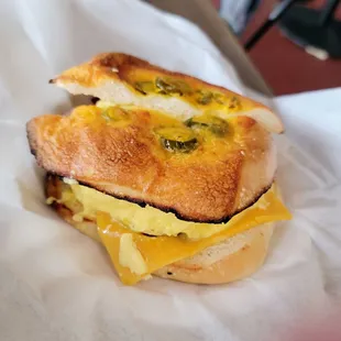 Bacon, egg &amp; cheese on a jalapeño &amp; cheese bagel.
