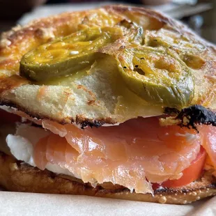 Lox on jalapeño cheddar bagel.