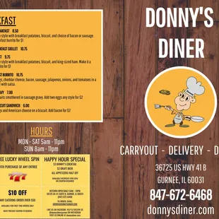 menu for donny&apos;s diner