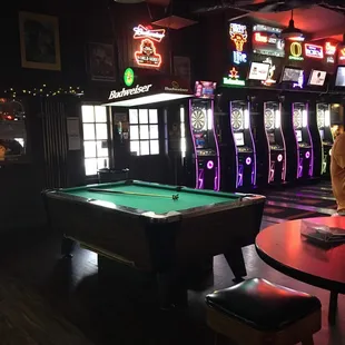 a pool table and arcade machines