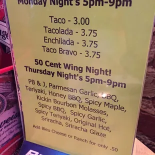 a menu for taco night
