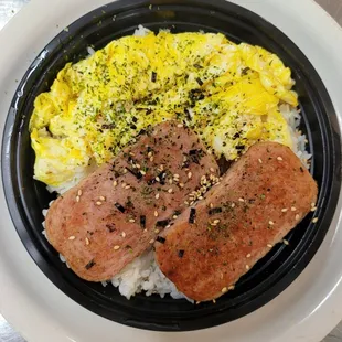 Spam Bowl, with steam Rice, Grilled SPAM,  Scrambled Eggs Topped w/ Nori flakes