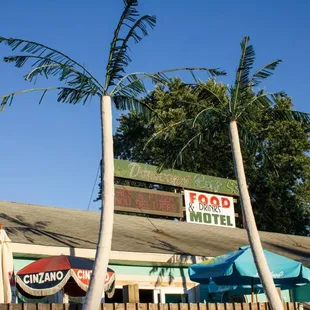 palm trees in front of the restaurant