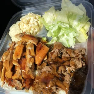 Teriyaki Chicken and Beef Plate with Macaroni and Mashed Potato Salad. April 2021