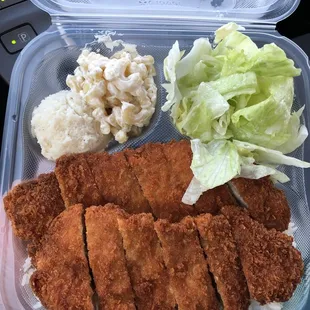 Chicken Katsu Plate with Macaroni and Mashed Potato Salad. May 2021