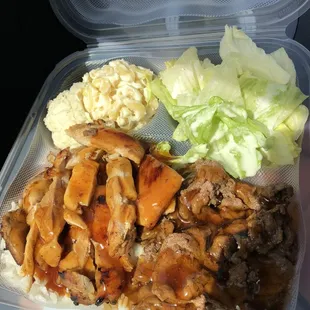 Teriyaki Chicken and Beef Plate with Macaroni and Mashed Potato Salad. April 2021