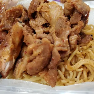 Spicy pork with extra chicken, chow mei underneath