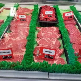 a display of raw meat