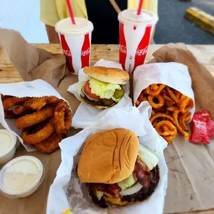 Bacon cheeseburger, Don&apos;s burger, onion rings, curly fries, &amp; milkshakes