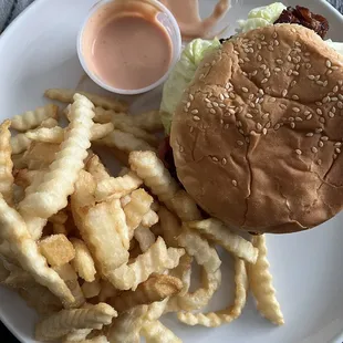 Monster burger, crinkle fries, Dons secret sauce