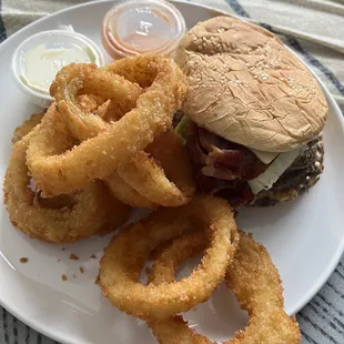 Monster burger, onion rings, Dons secret sauce, buttermilk.