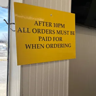 Must pay when ordering after 10 pm