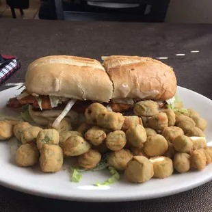 Chicken club sandwich with fried okra