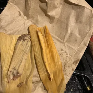 Delicious tamale on the left, Don's Molino scrawny tamale on the right.