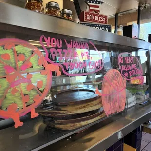 a view of a restaurant counter