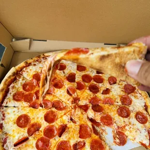 a hand holding a slice of pizza