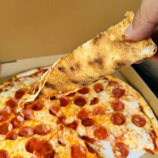 a hand holding a slice of pizza