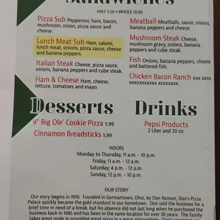 Menu as of June 2021