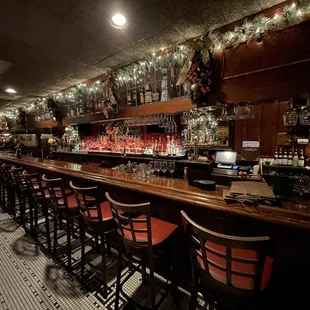 a bar with christmas decorations