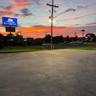 a parking lot at sunset