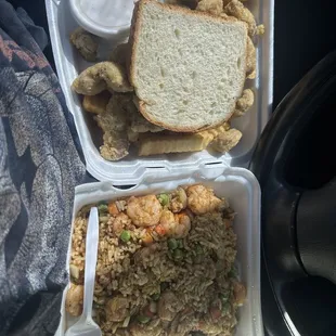 Shrimp fried rice, gizzards plate and a large tea!!! Only $20 its delicious!