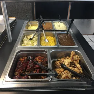 Homemade meatloaf, grilled chicken breast and delicious sides.  Lunch buffet changes daily. Comes with salad bar and desert.