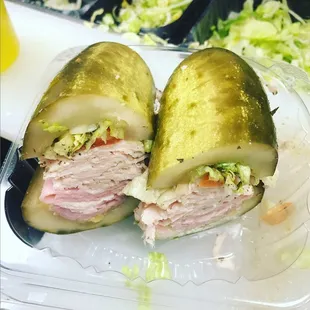 Remove the bread and add the pickle to this keto friendly sandwich!