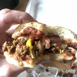 a hand holding a sandwich