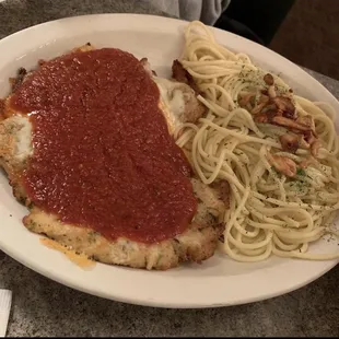 Chicken parmigiano with spaghetti oil and garlic