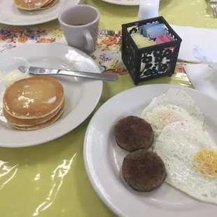 Portions just right. Eggs cooked just the way I like. sausage tastes great and pancakes nothing will over fill you. Walk out feeling fed.