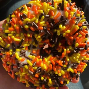 a hand holding a donut covered in sprinkles
