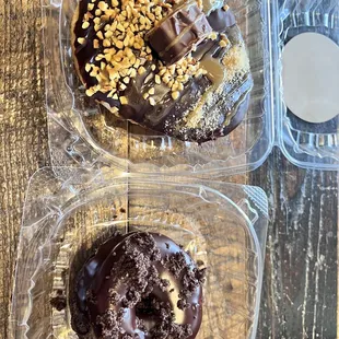 Snickers Donut (top) and chocolate donuts (bottom)