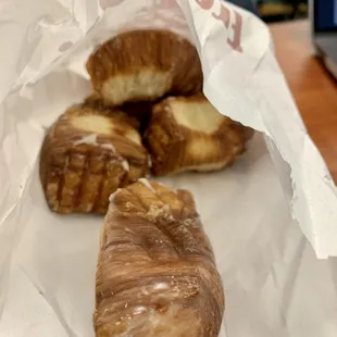 Glazed Cronus holes (more like cronutfingers a la lady finger shape) are just right sweetness bites. Offered also in cinnamon sugar.