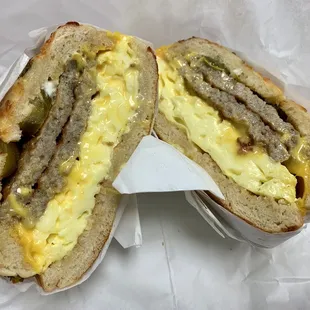 #4 jalapeño bagel with sausage, fluffy egg, meaty cheese, and fresh jalapeños for a kick. So kids better than expected