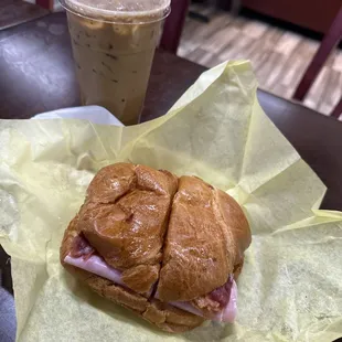 Ham #3. Croissant with Ham, Egg and Cheese Sandwich added bacon