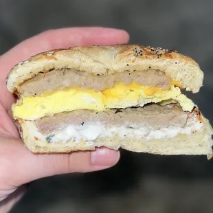 Double Sausage, Egg, and Cheese with Tzatziki on an Everything Bagel