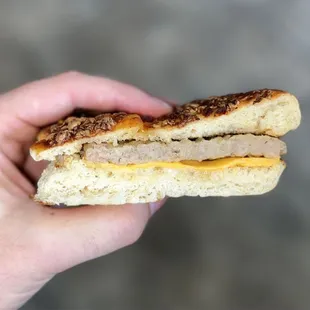 Sausage and Cheese on a Cheddar Cheese Bagel