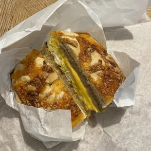 Egg, sausage and cheese on a cheddar bagel