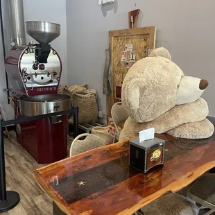 Teddy is chillaxin by the bean machine.