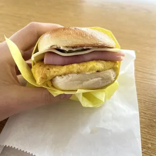 The number 4, ham,egg and cheese bagel