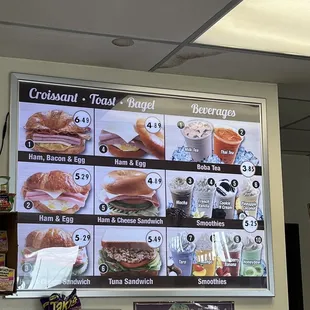 Sandwich and drink menu