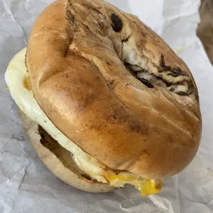 Sausage egg and cheese on cinnamon raisin