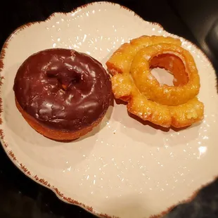 Chocolate Frosted cake donut, glazed old fashioned donut