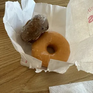Glazed and blueberry cake donuts.
