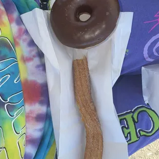 Churro and chocolate   donut yum. Was good. Service was friendly